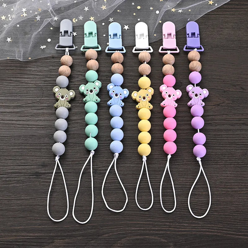 Baby Pacifier Clips Holder Silicone Cartoon Animal Teething Chain Wood Teether For Baby Pacifier Chain Nursing Chew Toys Gift