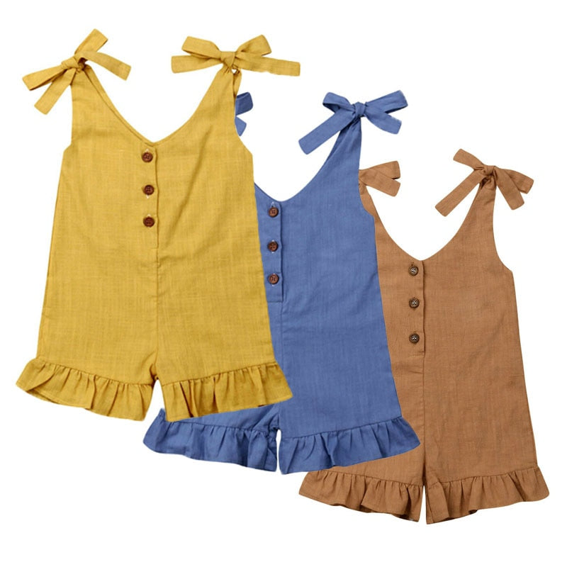 1-6Y New Baby Girl Cotton Linen Clothes Girls Ruffle Romper Kids Jumpsuit Summer Sleeveless Button Overalls Outfits