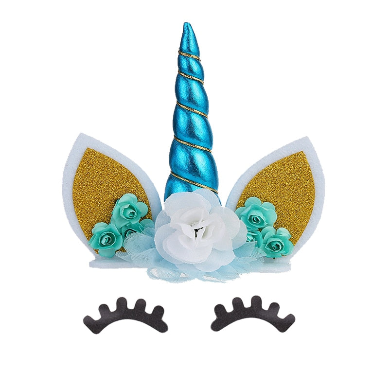 1Set Unicorn Horn Eye Cake Toppers Happy Birthday Party Decoration Baby Shower Wedding Unicorn Theme Cake Accessoires Supplies